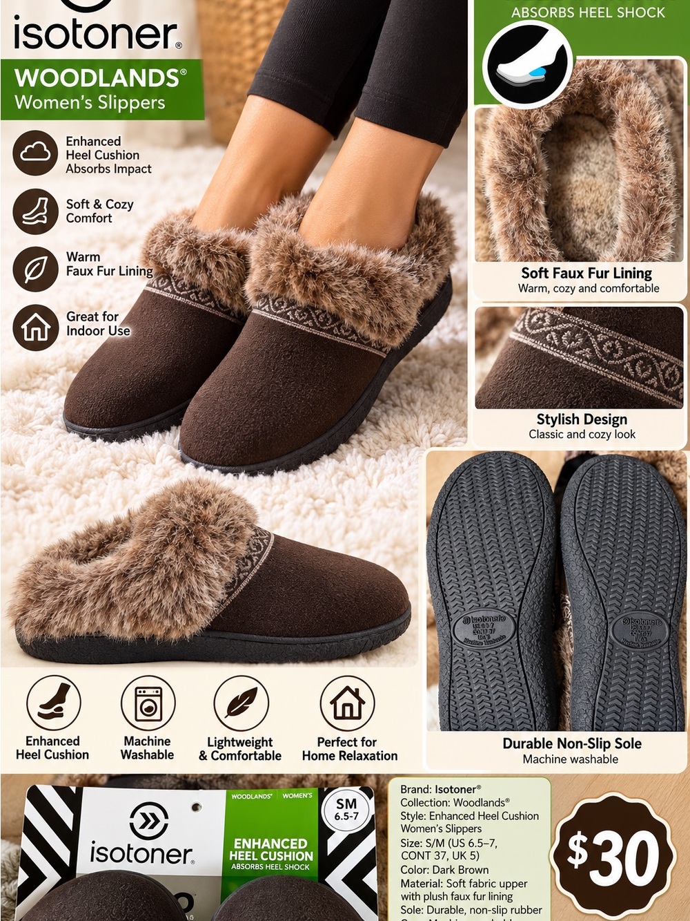 isotoner Woodlands Women's Slippers - Dark Brown Faux Fur Trim